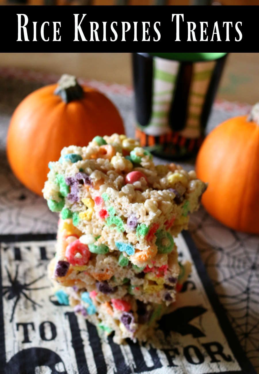 Recipe for Rice Krispies Treats with Fruit Loops - this makes an awesome Halloween Dessert!