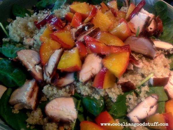 Spinach Salad with Quinoa, Smoked Chicken and Grilled Peaches