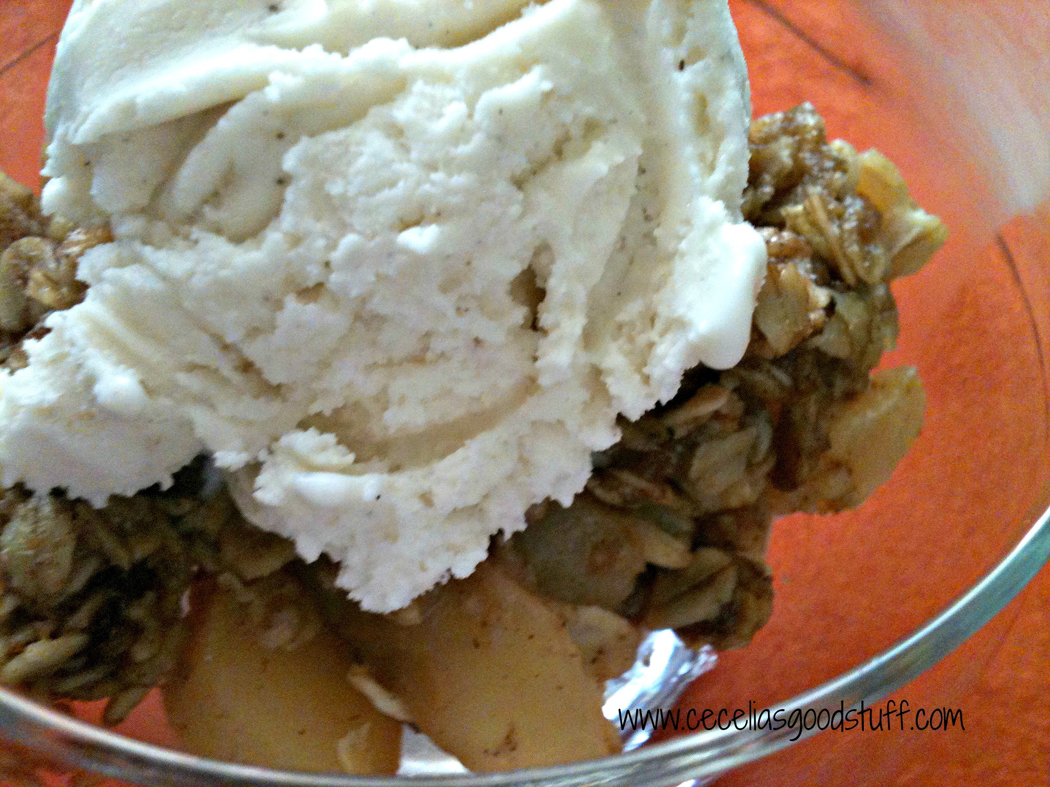 Apple Pear Crisp -  Delicious granny smith apples with oats, sugar and butter. Topped with a giant scoop of vanilla bean ice cream.  | www.ceceliasgoodstuff.com