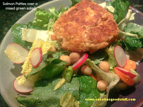 Salmon Cakes over Mixed Green Salad