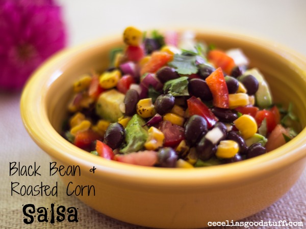 Black Bean Salsa loaded with roasted corn, avocado, bell pepper, onion, cilantro and fresh squeezed lime juice.