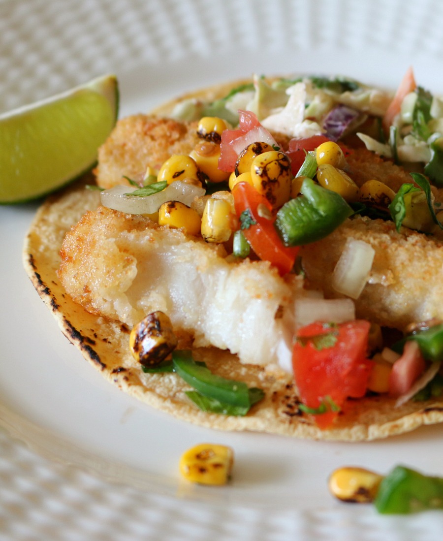 These easy FISH TACOS are amazing with the fresh Tomato Corn Salsa. My children just love them, and your family will too. 