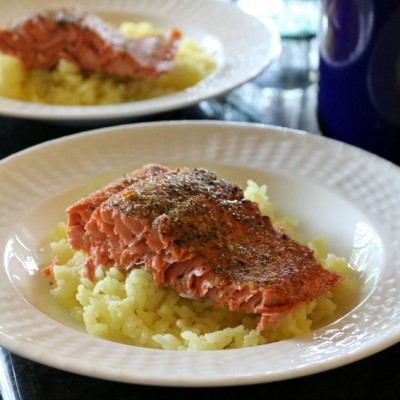 Baked Salmon in White Wine with Saffron Rice