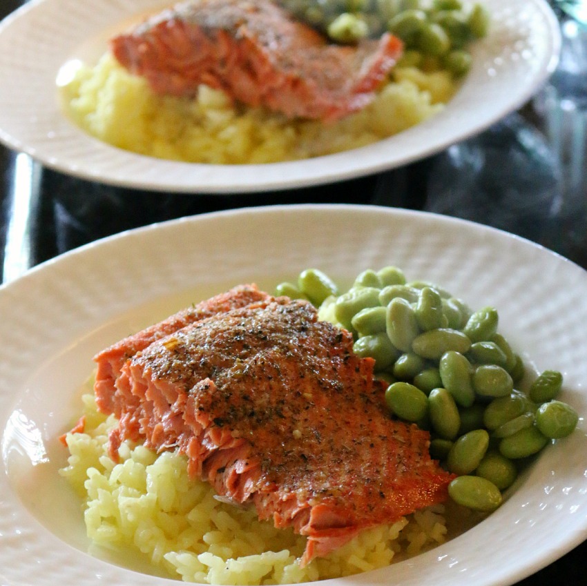 Baked Salmon in White Wine with Saffron Rice