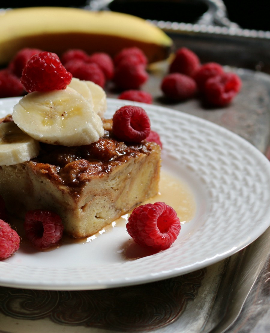 Recipe for Croisant French Toast Casserole with bananas and raspberries