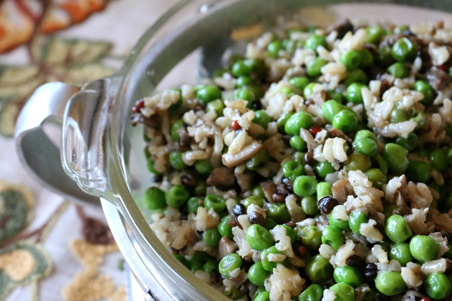 This rice medley with mushrooms and fresh petite sweet peas it the perfect side dish for any Thanksgiving Feast.