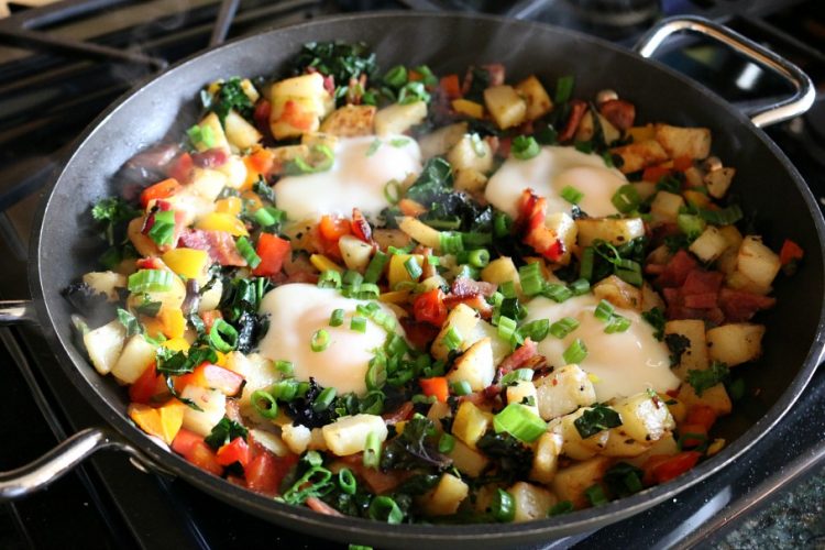 Rainbow Kale, Bacon, and Egg Breakfast Hash