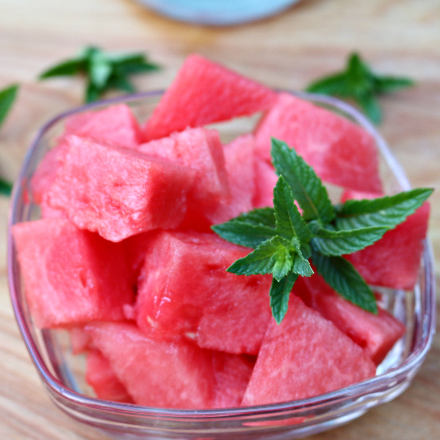 Seedless watermelons are the way to go when making fresh fruit salads. Pictured here is some fresh cut watermelon and mint from my garden.