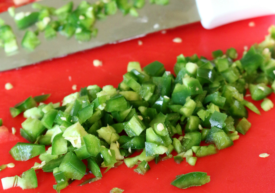 If you have access to fresh Hatch chile peppers, they are best in this recipe. Simple chop into bite size pieces as shown. 