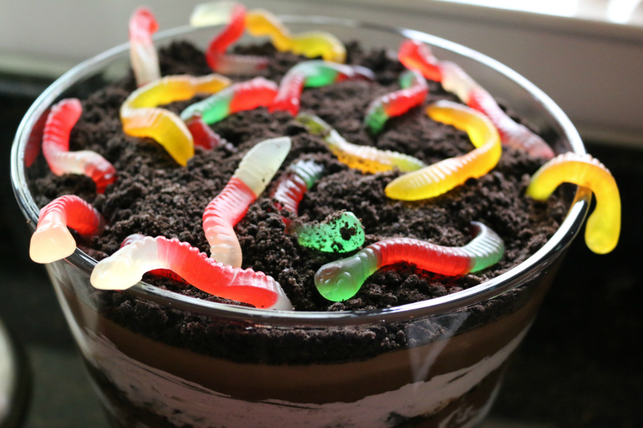 Wormy Halloween Chocolate Pudding Trifle Recipe CeceliasGoodStuff.com Good Food for Good People