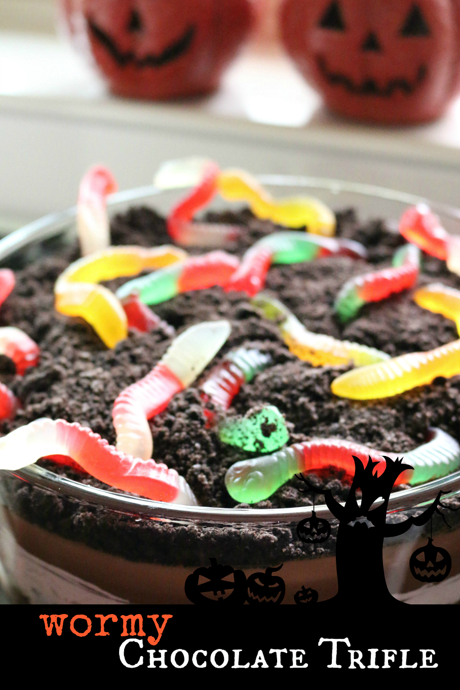 Wormy Halloween Chocolate Pudding Trifle Recipe CeceliasGoodStuff.com | Good Food for Good People