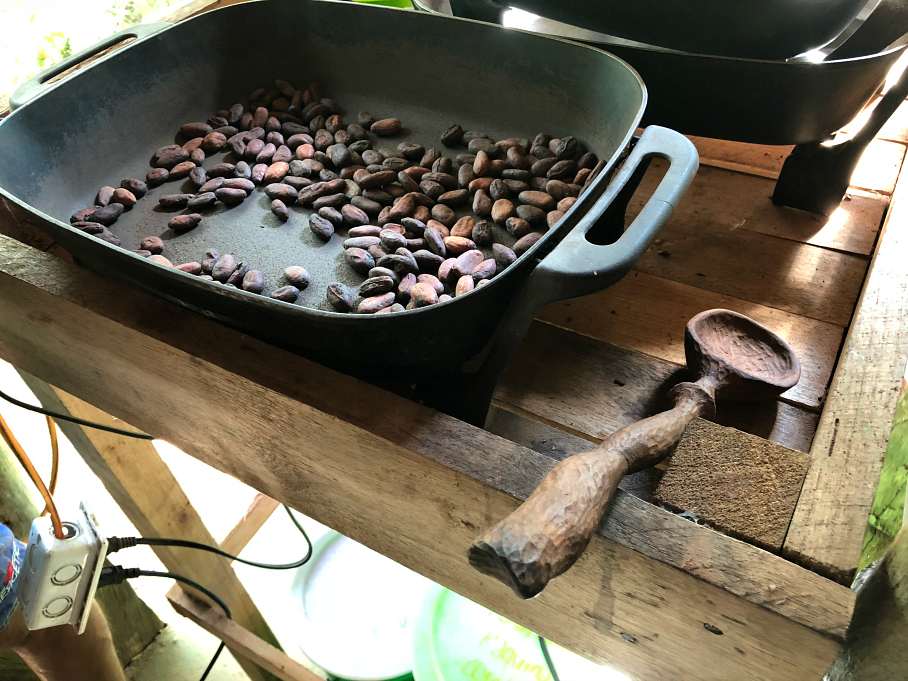Roasting the cocoa beans. It smelled so good! La Iguana Chocolate, Costa Rica