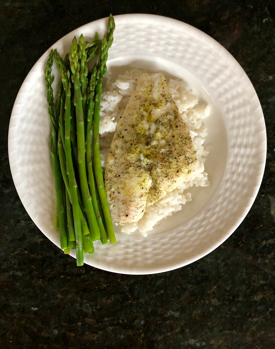 Easy Baked Flounder Fillets with sticky rice and steamed asparagus. CeceliasGoodStuff.com 