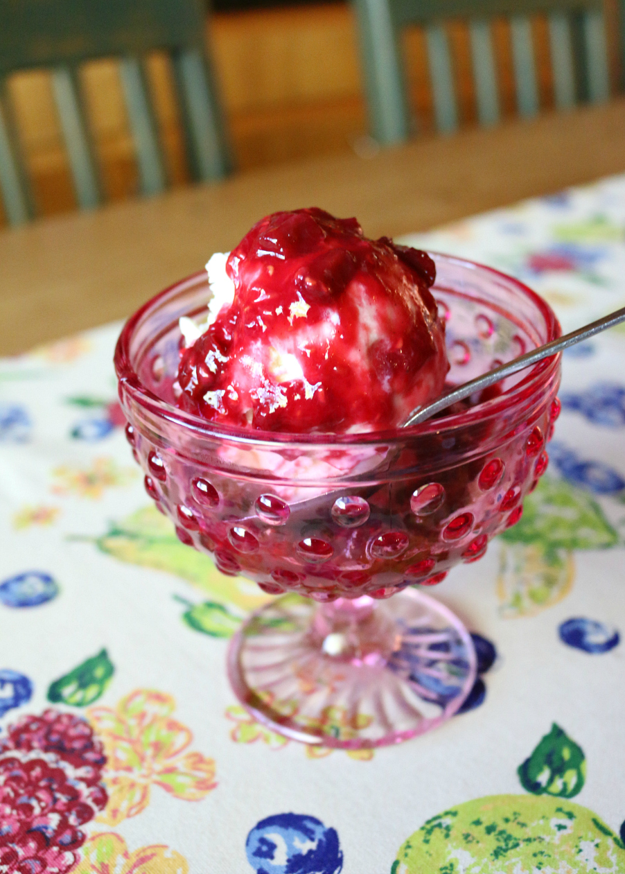Raspberry and Rhubarb Compote served over vanilla ice cream CeceliasGoodStuff.com Good Food for Good People