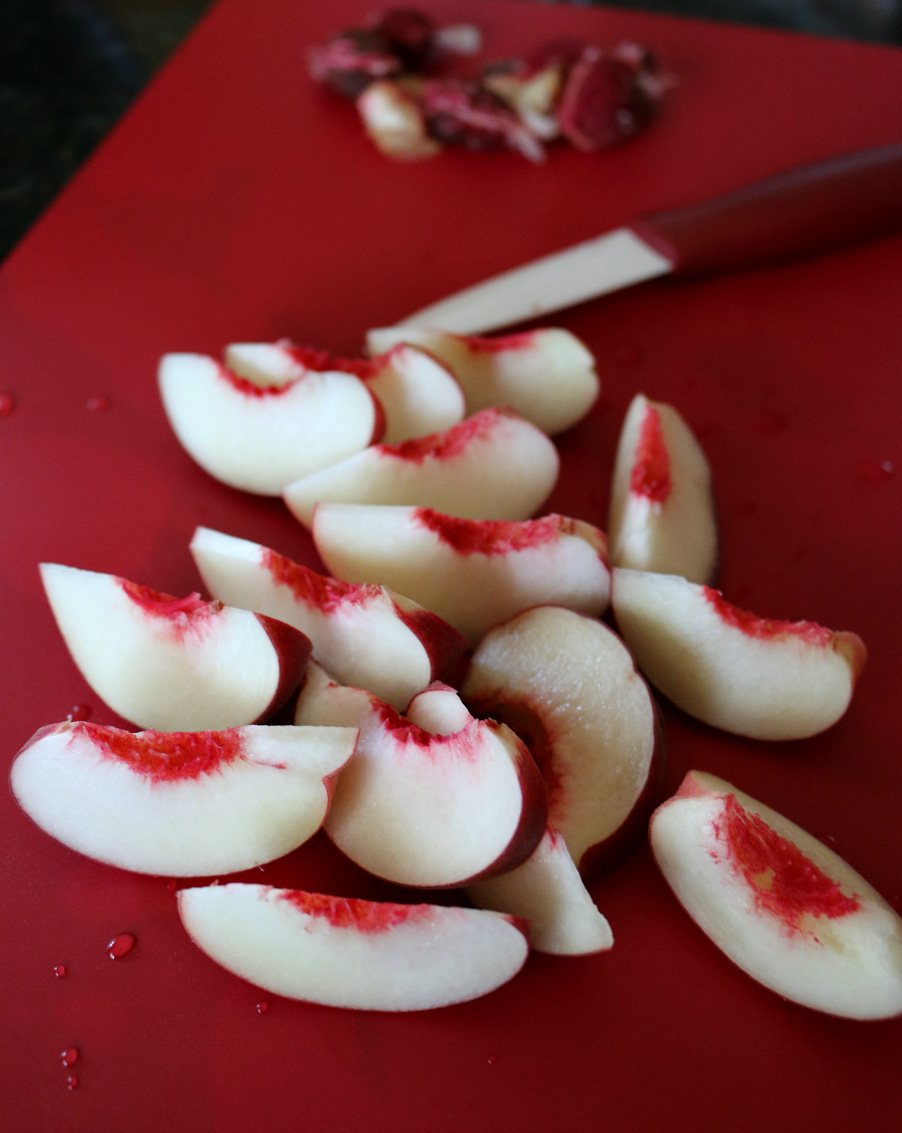 Fresh sliced White Peaches - they are fresh now and oh so tasty. I these recipes will inspire you to create some tasty dishes. CeceliasGoodStuff.com | Good Food for Good People 