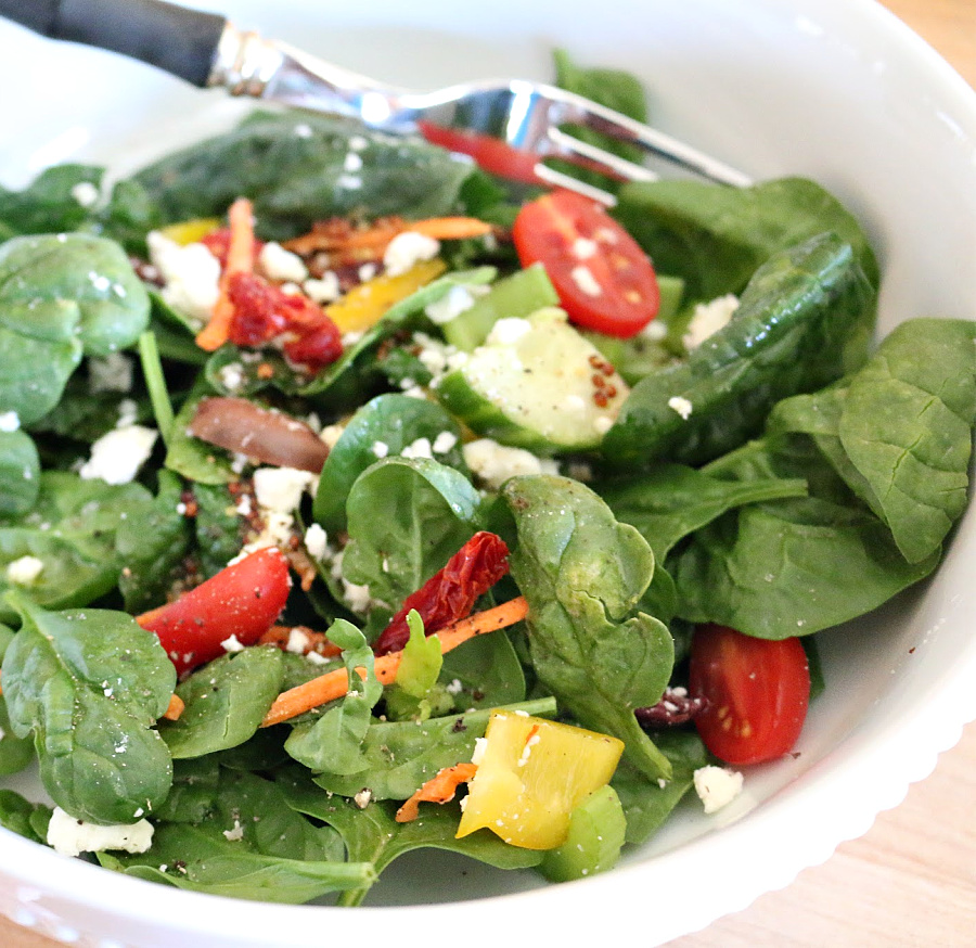 Mediterranean Spinach Salad with Greek Dressing