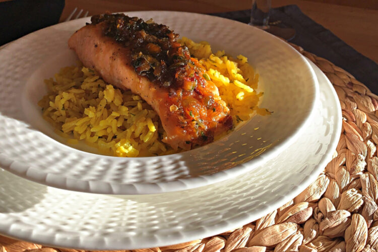Seared Salmon with Spicy Green Chile Honey Glaze
